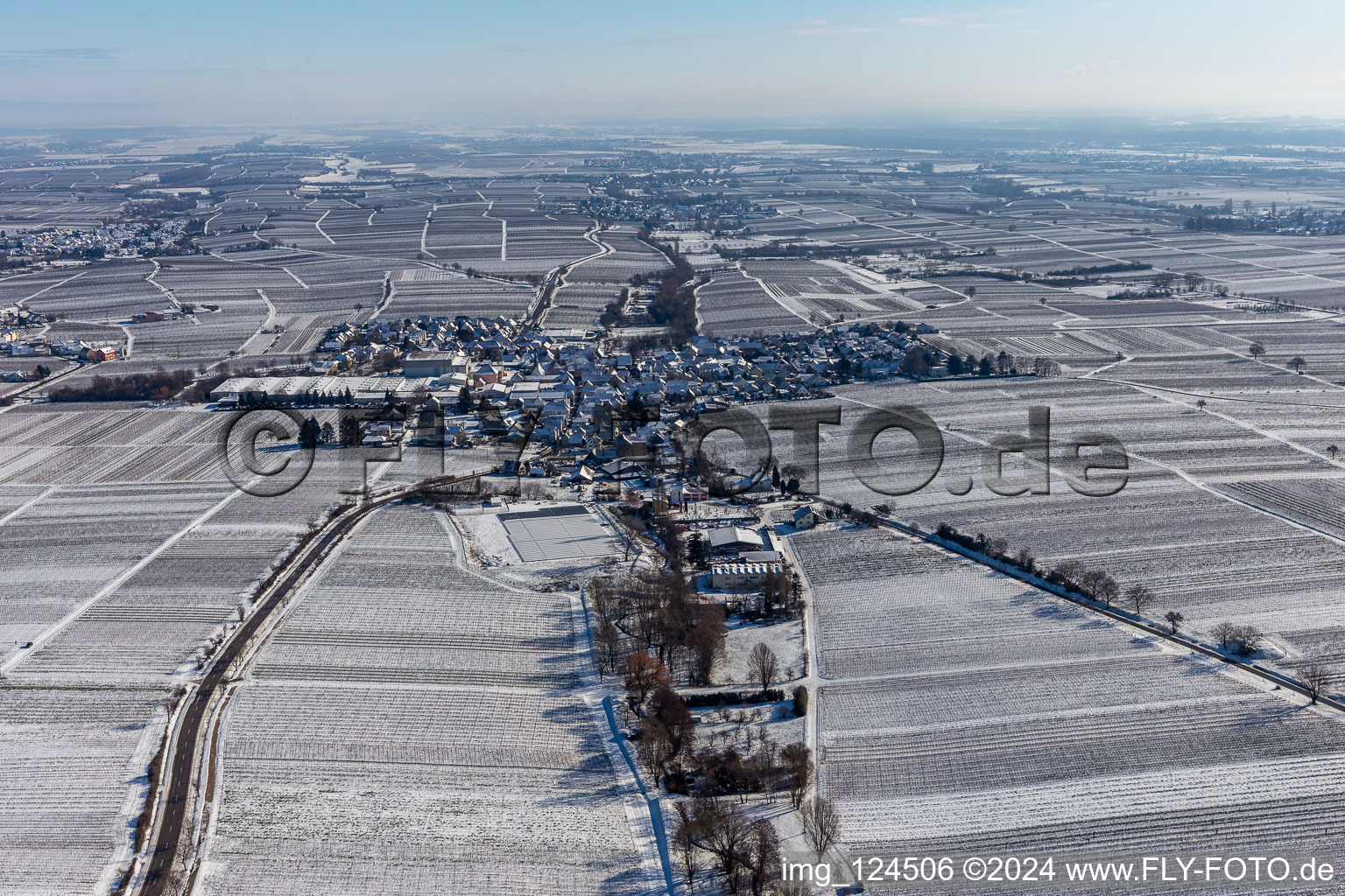 Winter aerial view in the snow in Böchingen in the state Rhineland-Palatinate, Germany