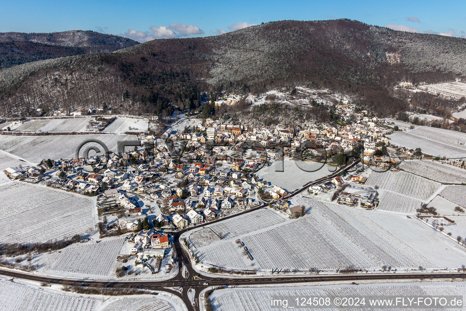 Wintry snowy village on the edge of vineyards and wineries in the wine-growing area Weinstrasse in Burrweiler in the state Rhineland-Palatinate, Germany