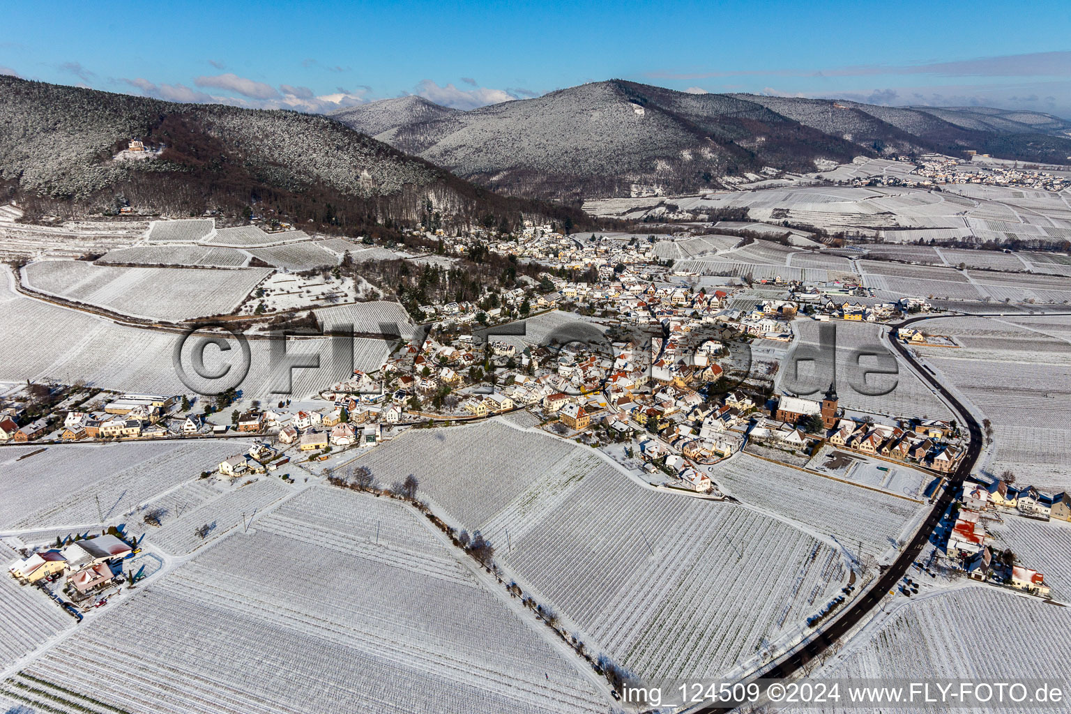 Aerial view of Winter aerial view in the snow in Burrweiler in the state Rhineland-Palatinate, Germany