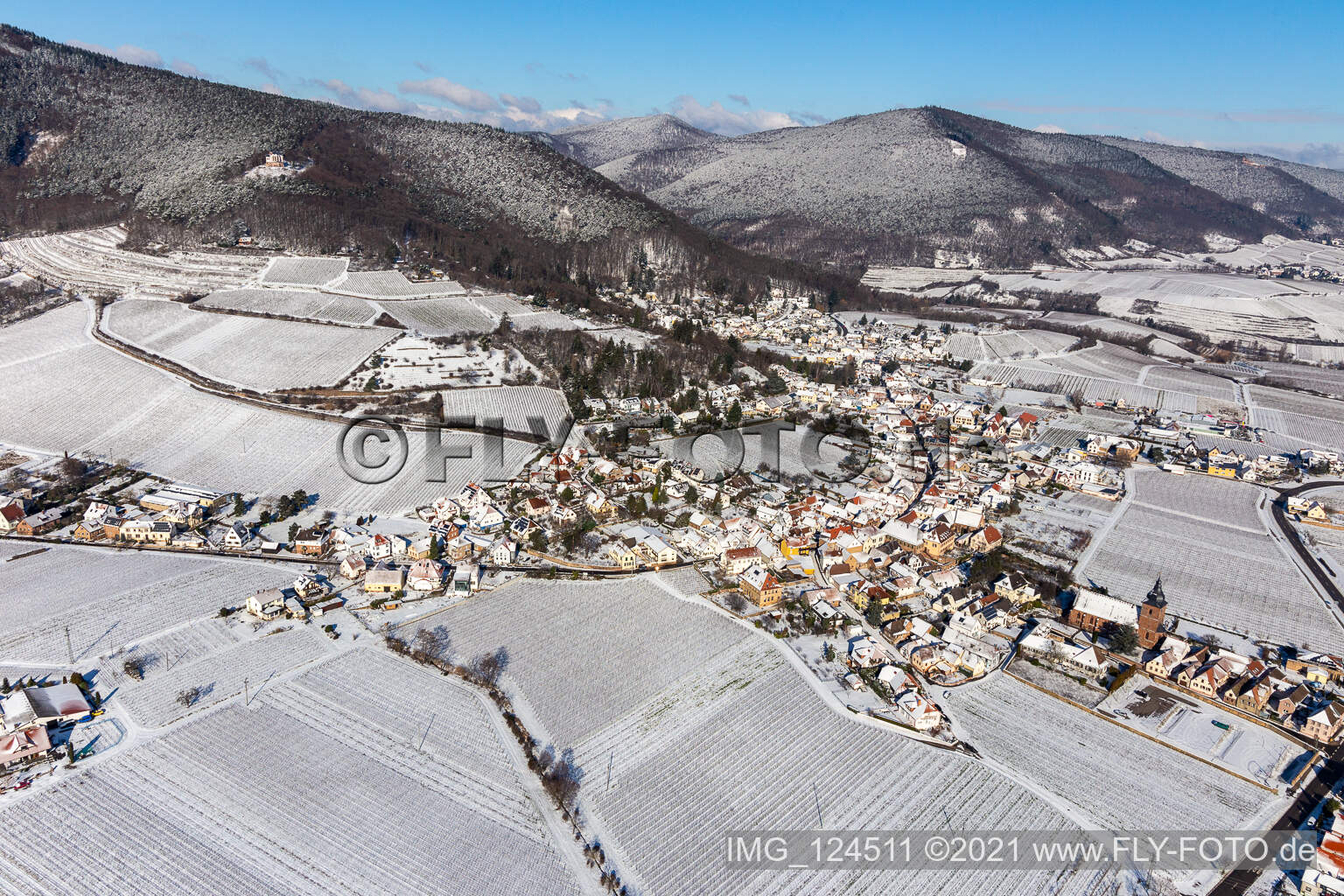 Aerial view of Winter aerial view in the snow in Burrweiler in the state Rhineland-Palatinate, Germany