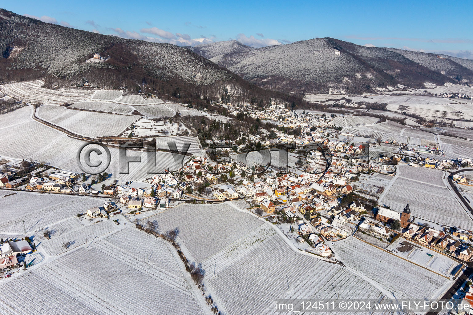 Aerial view of Winter aerial view in the snow in Burrweiler in the state Rhineland-Palatinate, Germany