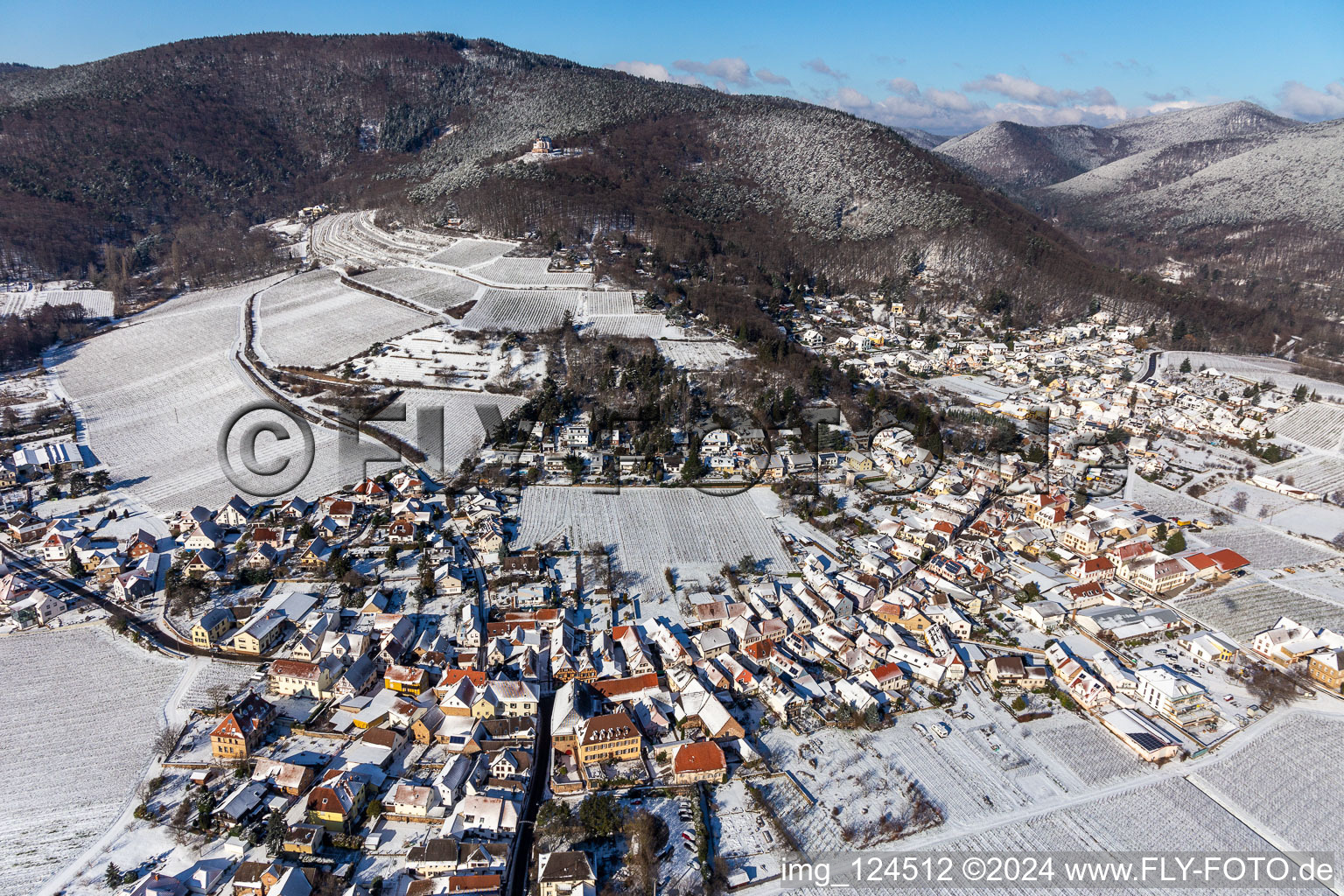 Aerial view of Wintry snowy village on the edge of vineyards and wineries in the wine-growing area Weinstrasse in Burrweiler in the state Rhineland-Palatinate, Germany