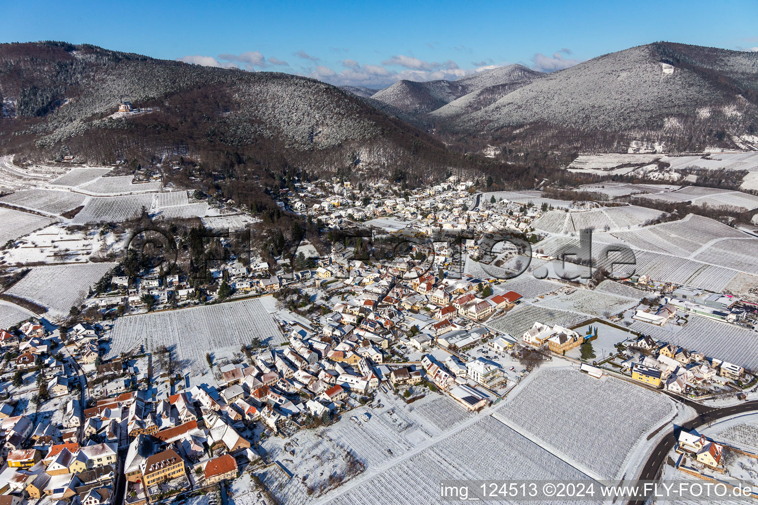 Aerial view of Winter aerial view in the snow in Burrweiler in the state Rhineland-Palatinate, Germany