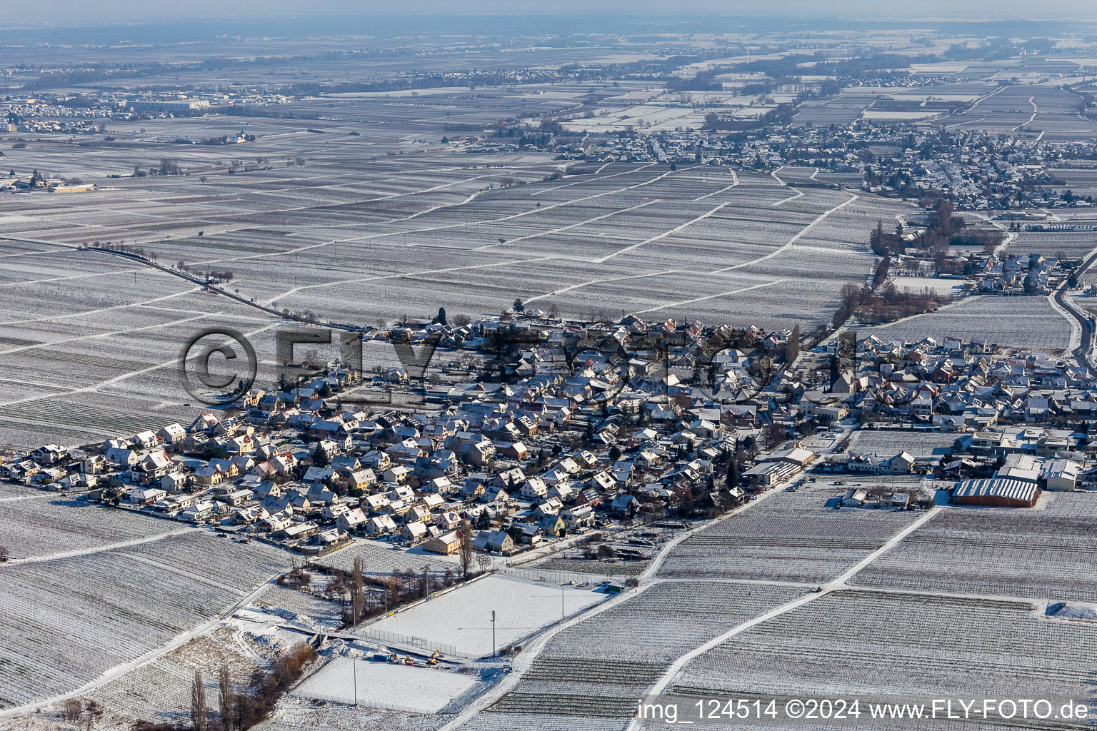 Winter aerial view in the snow in Hainfeld in the state Rhineland-Palatinate, Germany