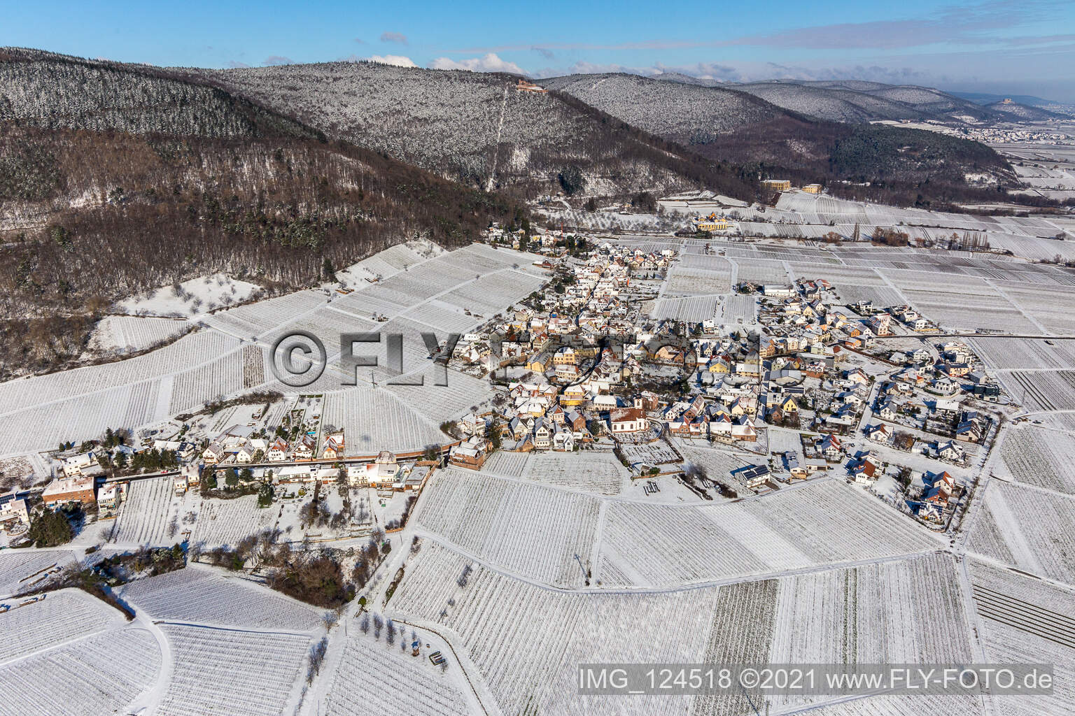Winter aerial view in the snow in Weyher in der Pfalz in the state Rhineland-Palatinate, Germany