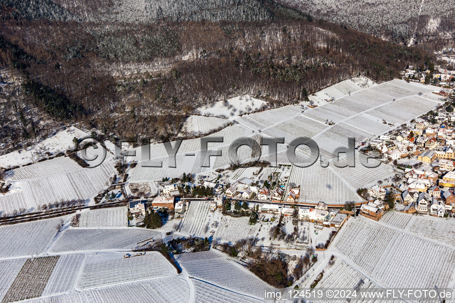 Aerial view of Winter aerial view in the snow in the district Weyher in Weyher in der Pfalz in the state Rhineland-Palatinate, Germany