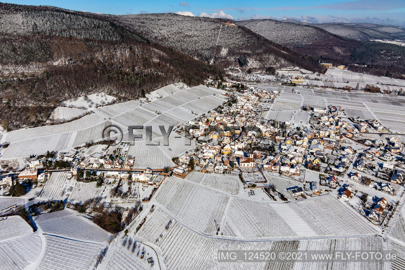 Aerial view of Winter aerial view in the snow in Weyher in der Pfalz in the state Rhineland-Palatinate, Germany