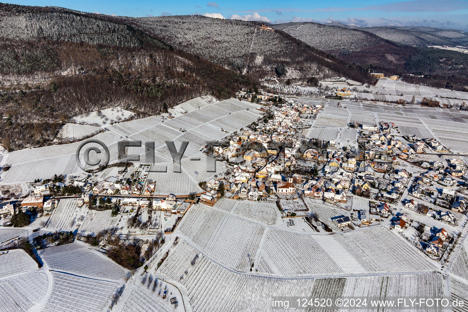 Aerial view of Winter aerial view in the snow in the district Weyher in Weyher in der Pfalz in the state Rhineland-Palatinate, Germany