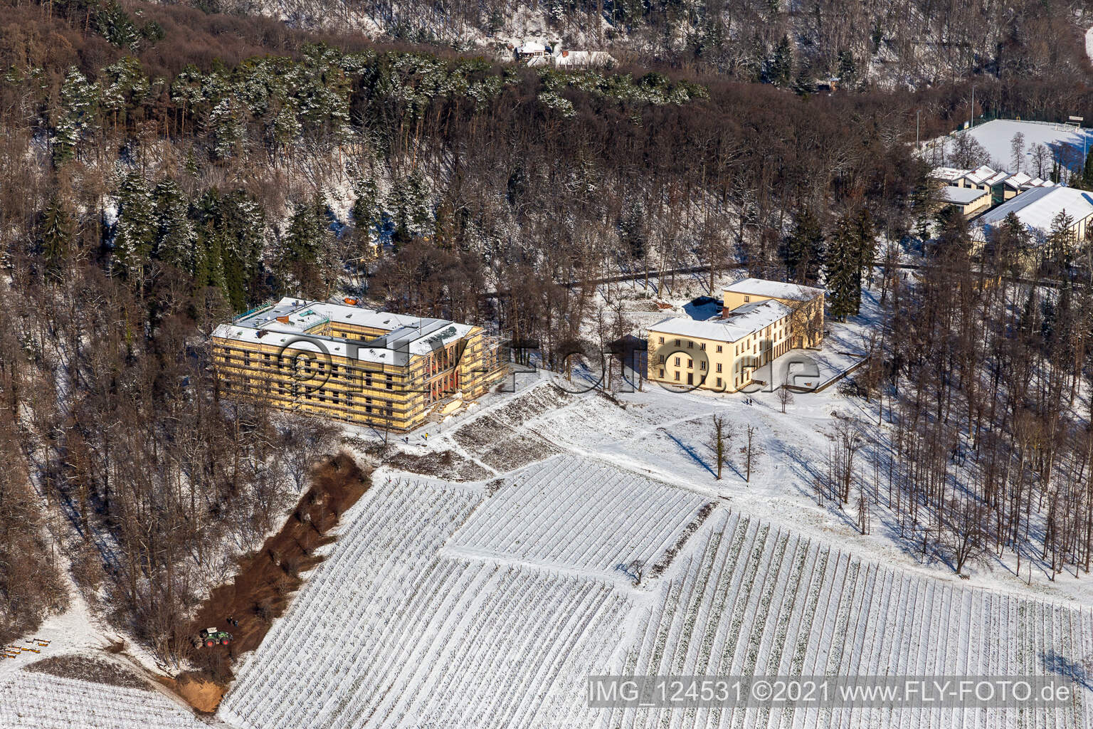 Wintry snowy palace Villa Ludwigshoehe in Edenkoben in the state Rhineland-Palatinate, Germany