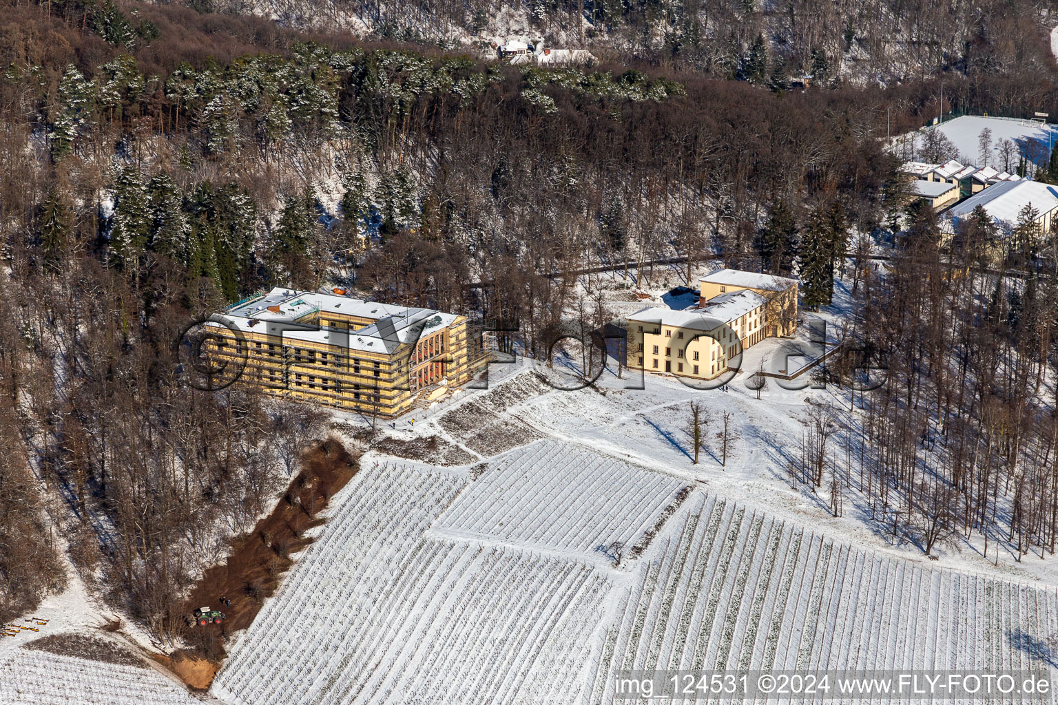 Wintry snowy palace Villa Ludwigshoehe in Edenkoben in the state Rhineland-Palatinate, Germany