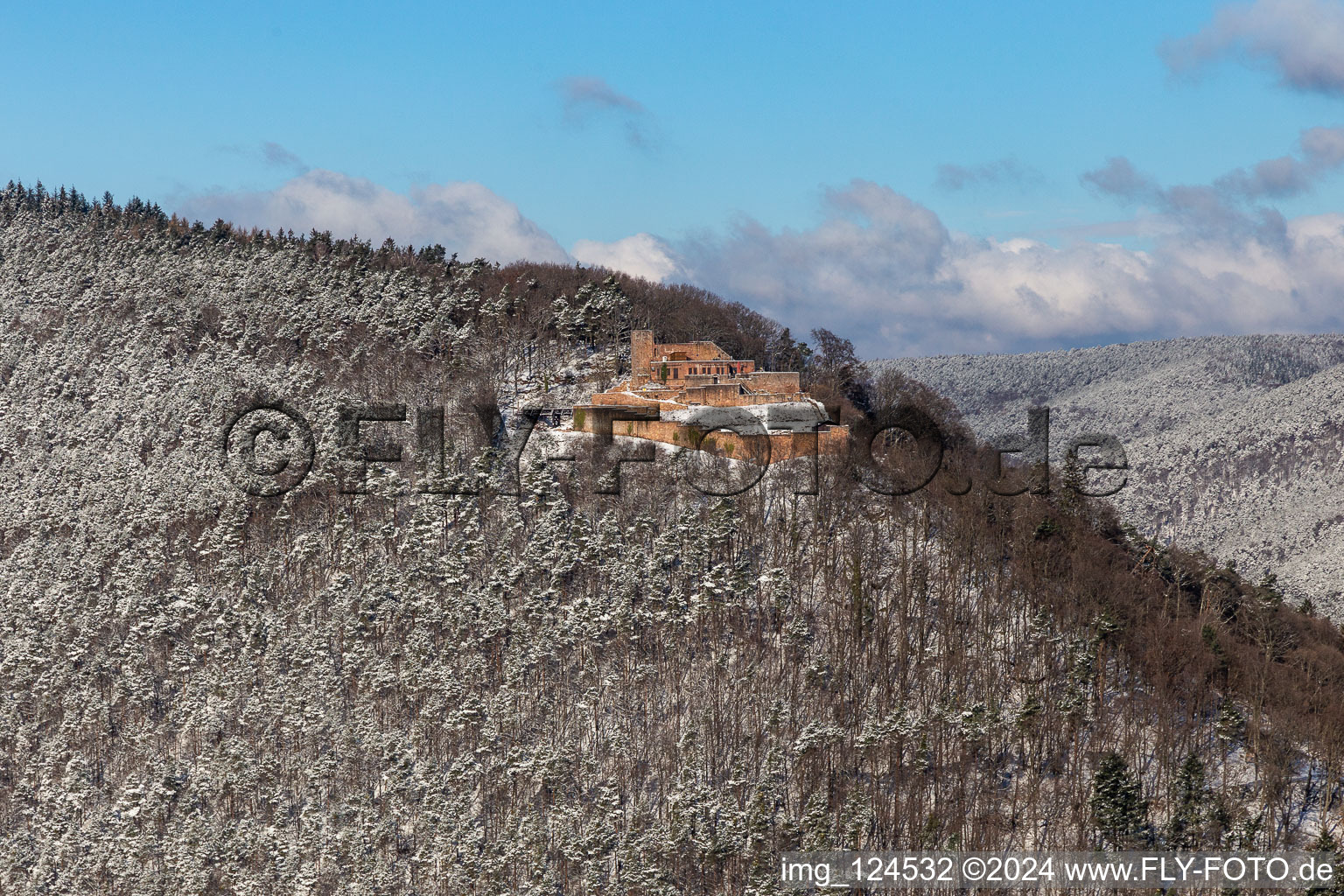 Wintry snowy castle of the fortress Rietburg in Rhodt unter Rietburg in the state Rhineland-Palatinate, Germany