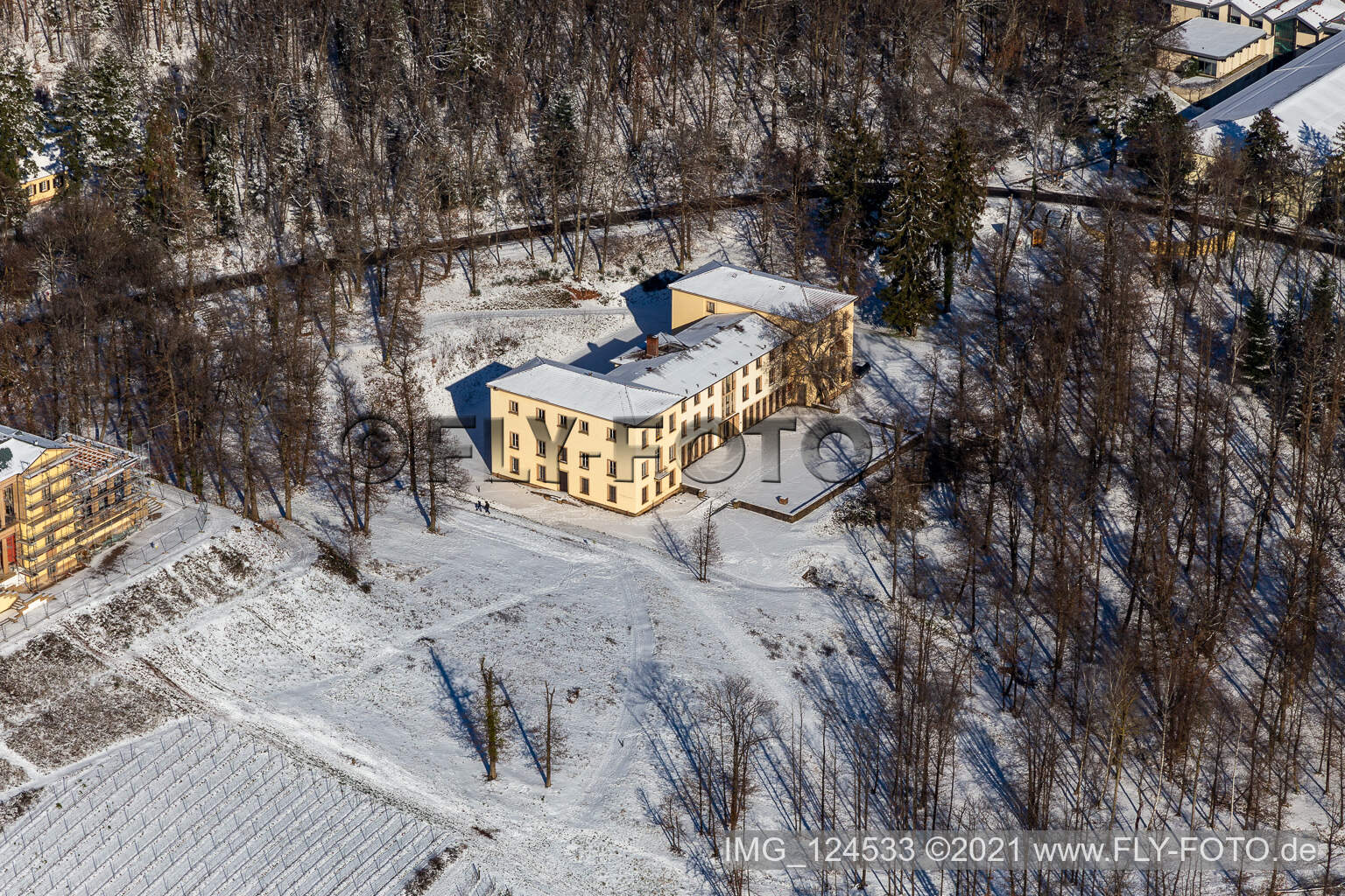 Winter aerial view in the snow of Villa Ludwigshöhe Castle in Edenkoben in the state Rhineland-Palatinate, Germany