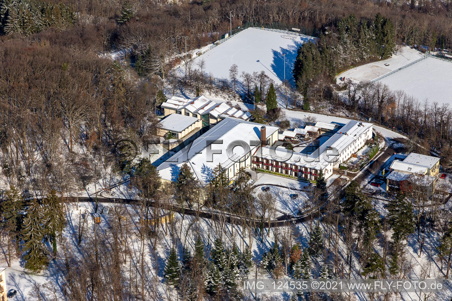 Winter aerial view in the snow of the sports school Edenkoben in Edenkoben in the state Rhineland-Palatinate, Germany