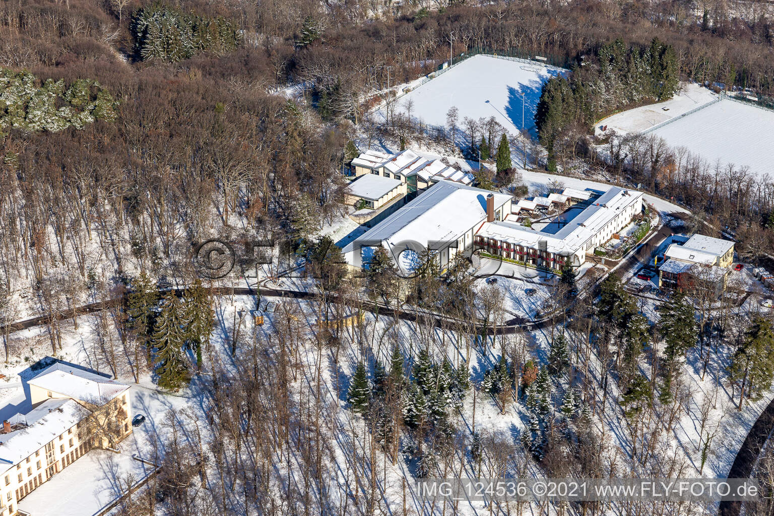 Aerial view of Winter aerial view in the snow of the sports school Edenkoben in Edenkoben in the state Rhineland-Palatinate, Germany