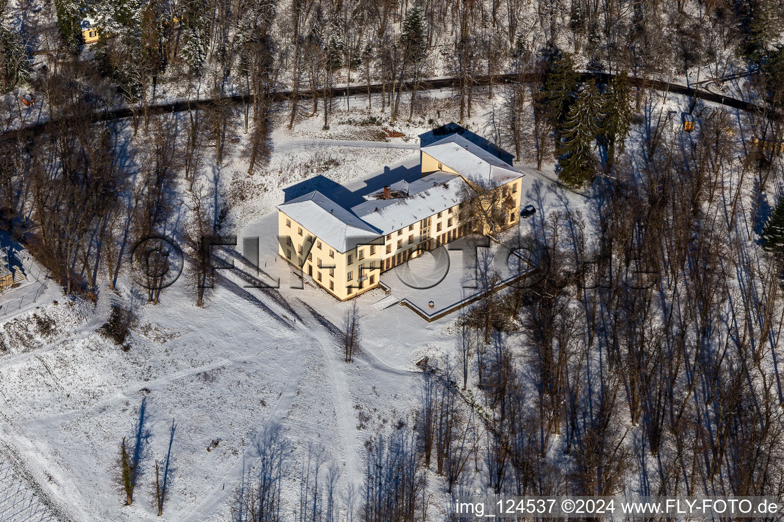 Aerial view of Wintry snowy palace Villa Ludwigshoehe in Edenkoben in the state Rhineland-Palatinate, Germany