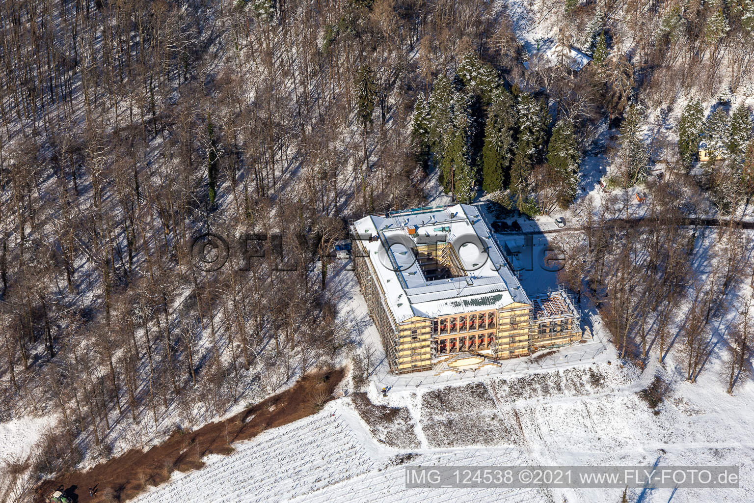 Winter aerial view in the snow of Villa Ludwigshöhe in Edenkoben in the state Rhineland-Palatinate, Germany