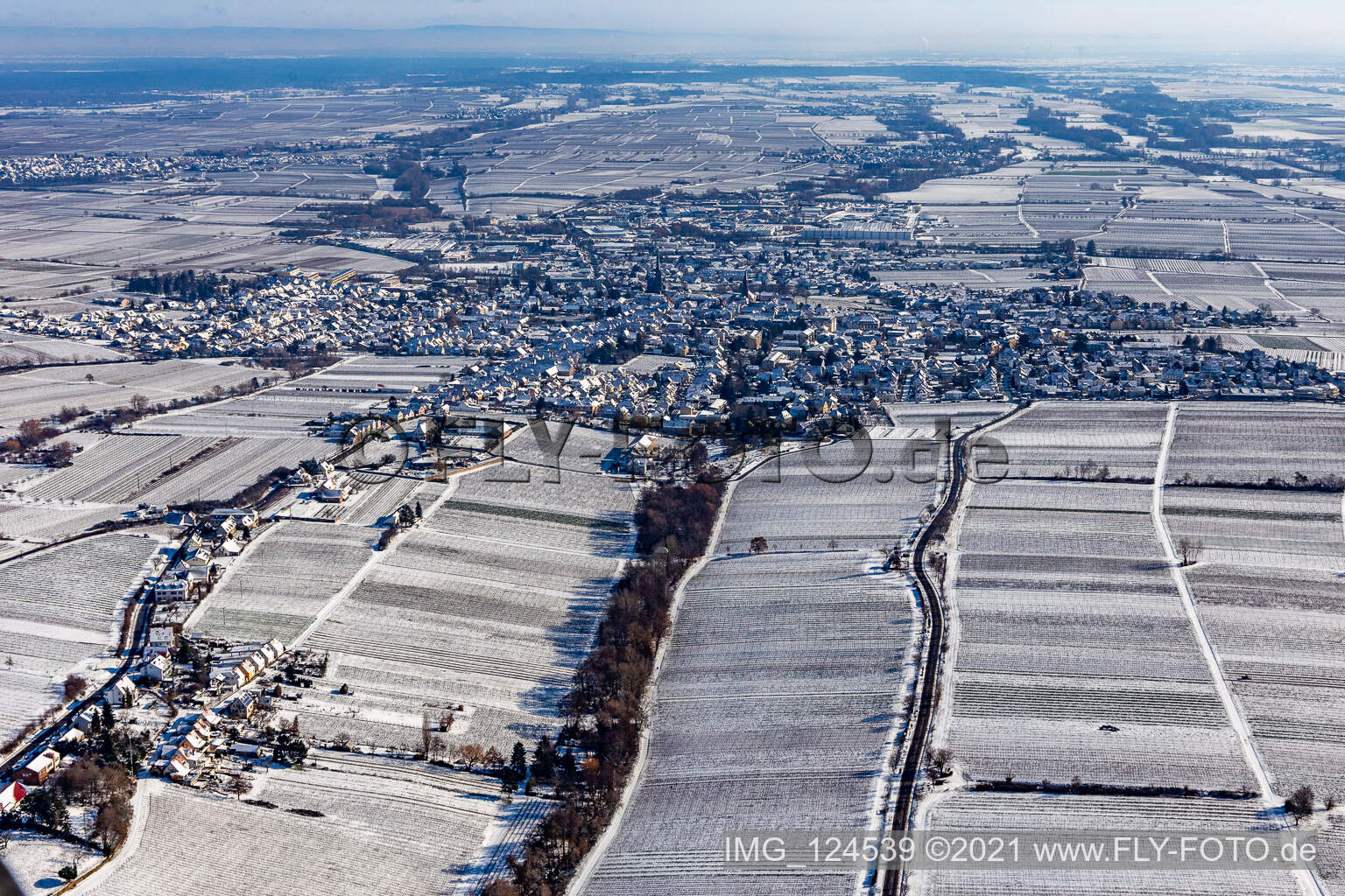 Winter aerial view in the snow in Edenkoben in the state Rhineland-Palatinate, Germany