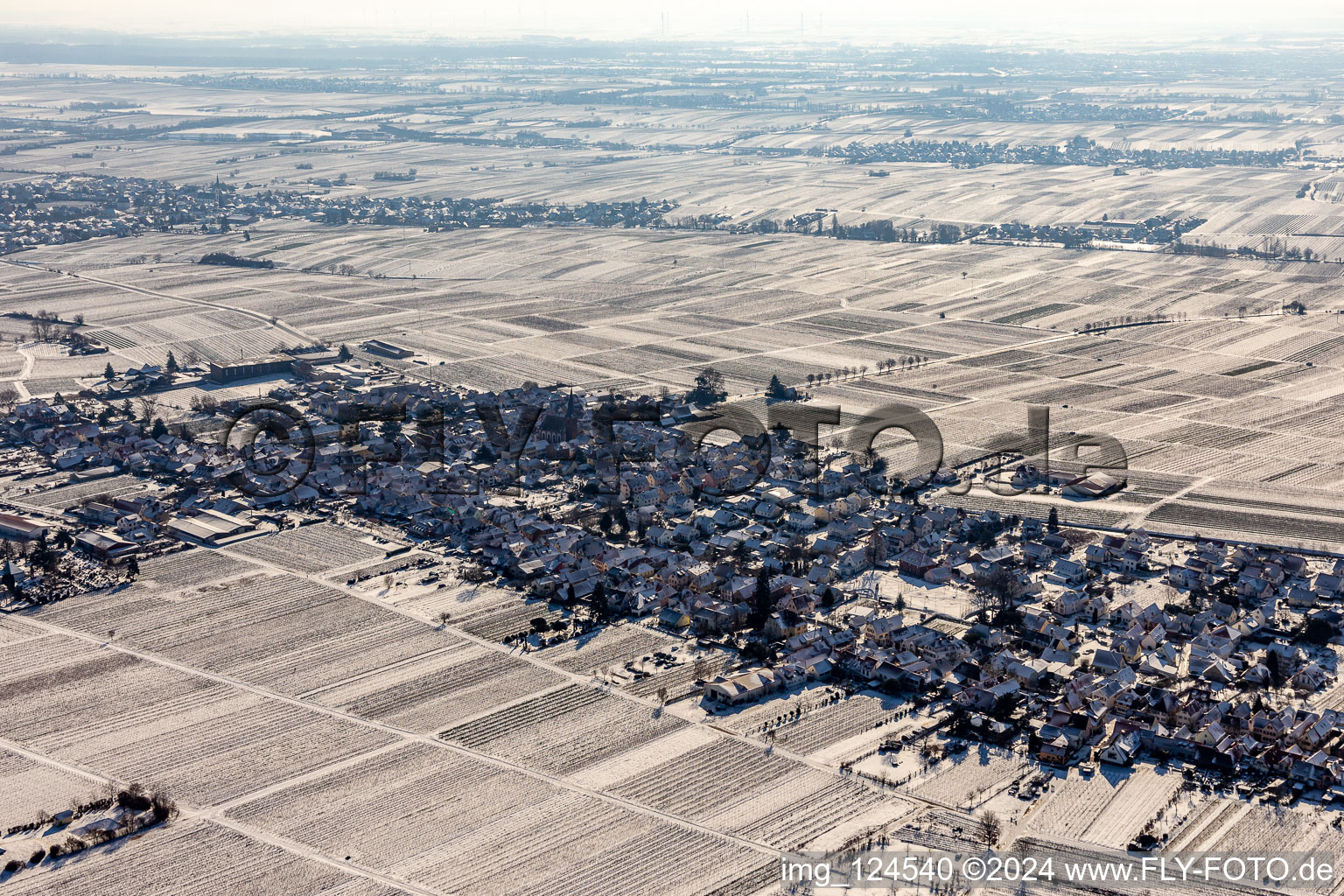 Aerial view of Winter aerial view in the snow in the district Rhodt in Rhodt unter Rietburg in the state Rhineland-Palatinate, Germany