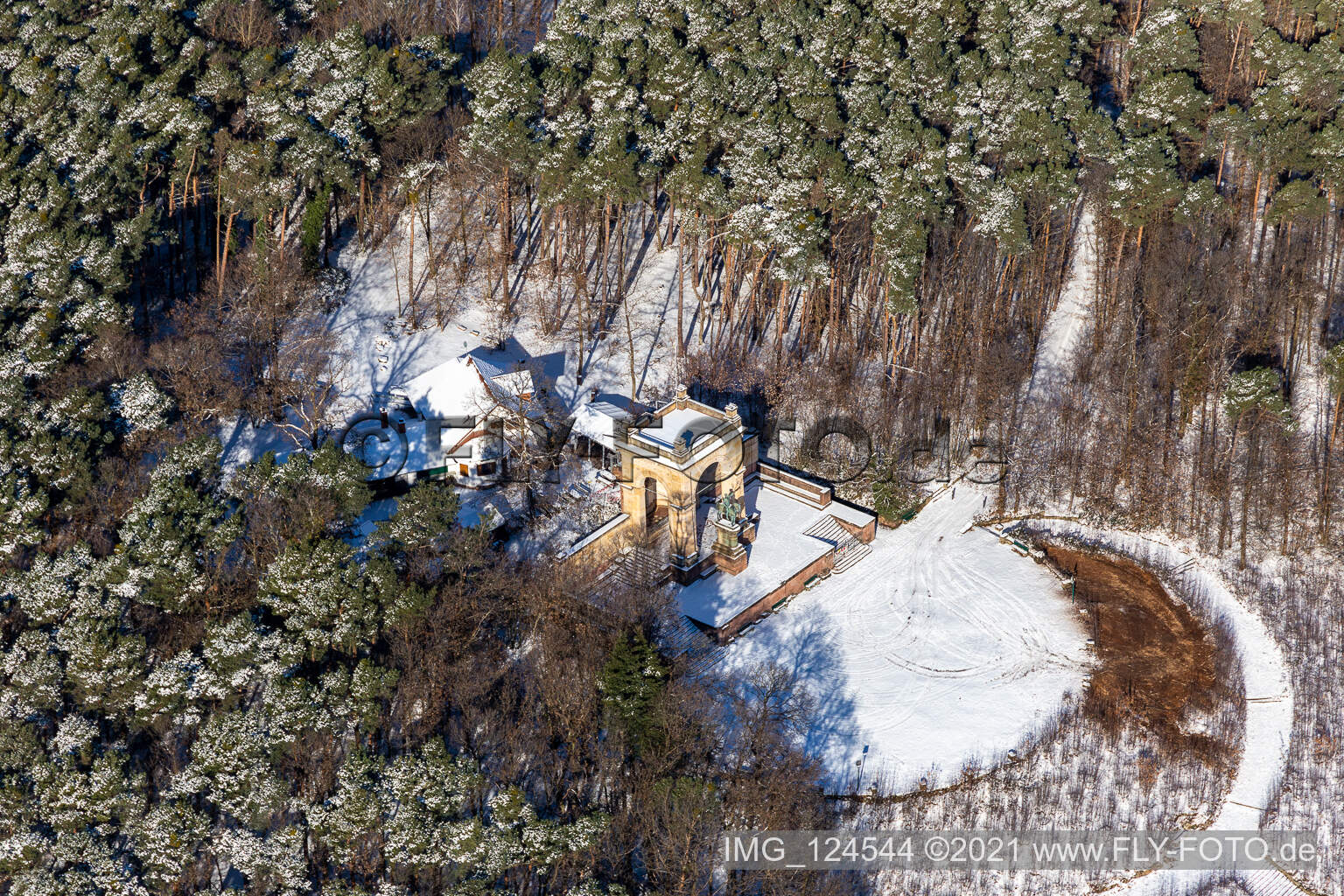 Aerial view of Winter aerial view in the snow of the Victory and Peace Monument in Edenkoben in the state Rhineland-Palatinate, Germany