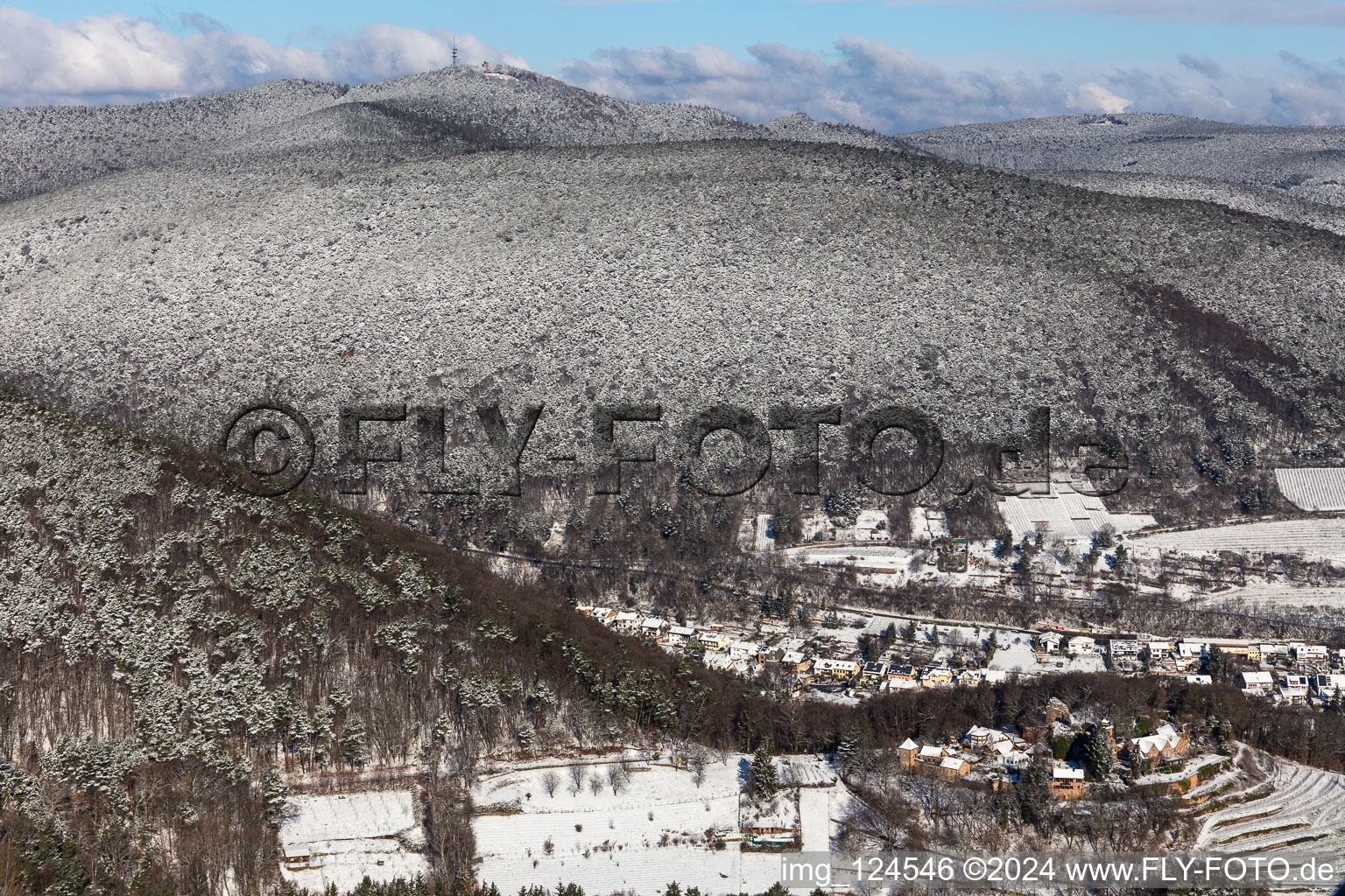 Winter aerial view in the snow of Kropsburg Castle in the district SaintMartin in Sankt Martin in the state Rhineland-Palatinate, Germany