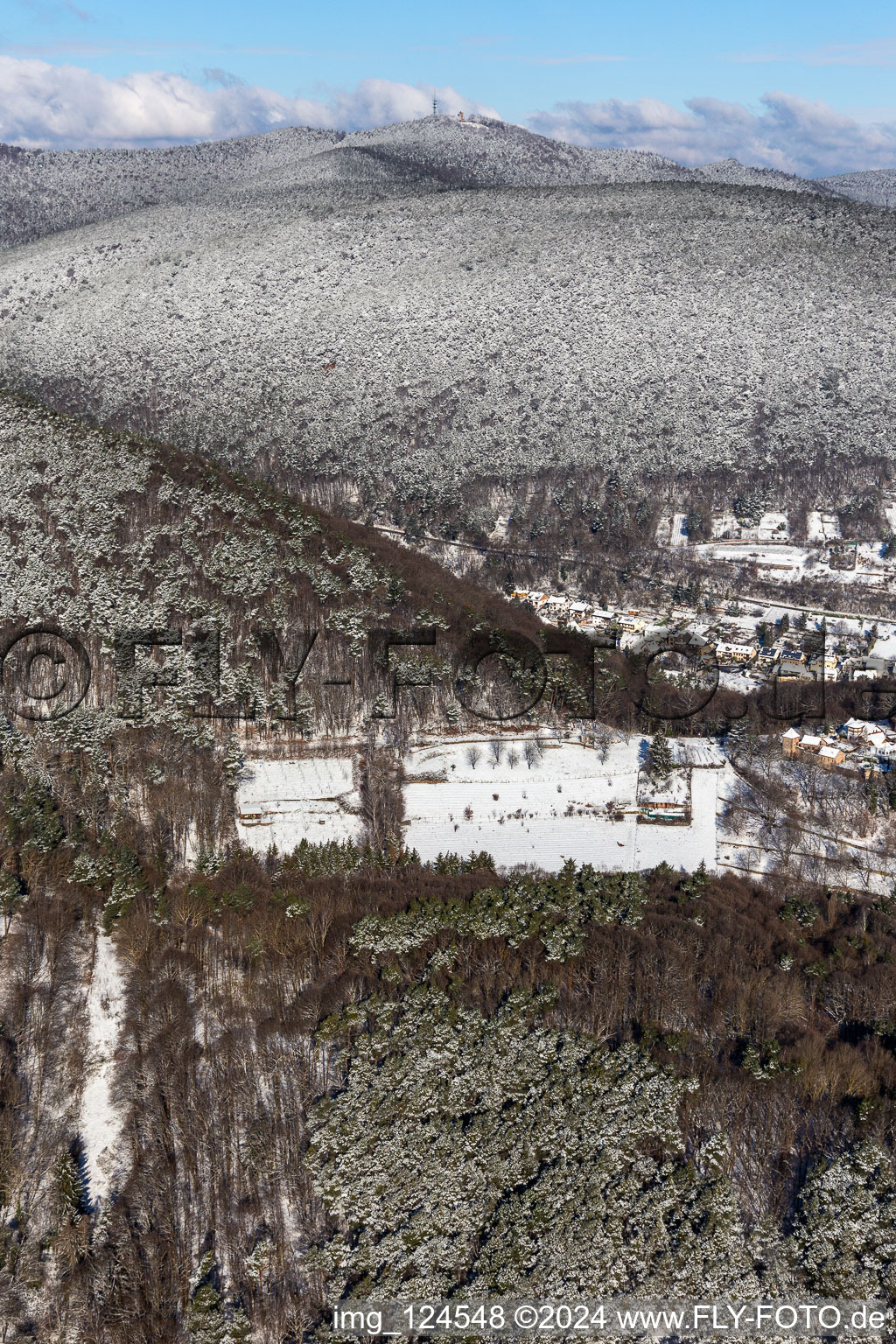 Winter aerial view in the snow of the Great Kalmit in Maikammer in the state Rhineland-Palatinate, Germany