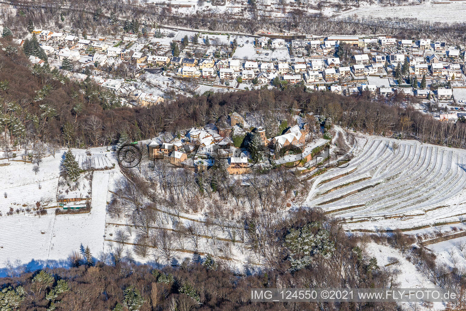 Aerial view of Winter aerial view in the snow of Kropsburg Castle in Sankt Martin in the state Rhineland-Palatinate, Germany