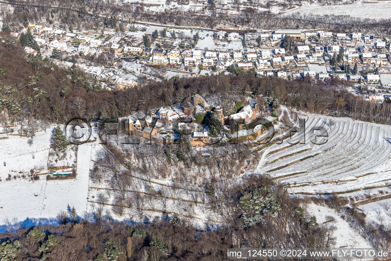 Aerial view of Winter aerial view in the snow of Kropsburg Castle in Sankt Martin in the state Rhineland-Palatinate, Germany