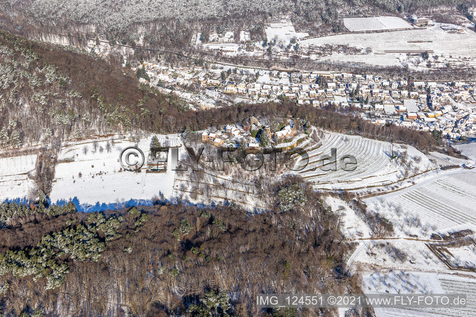Aerial view of Winter aerial view in the snow of Kropsburg Castle in Sankt Martin in the state Rhineland-Palatinate, Germany
