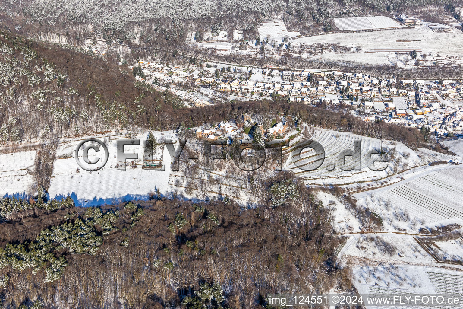 Aerial view of Winter aerial view in the snow of Kropsburg Castle in the district SaintMartin in Sankt Martin in the state Rhineland-Palatinate, Germany