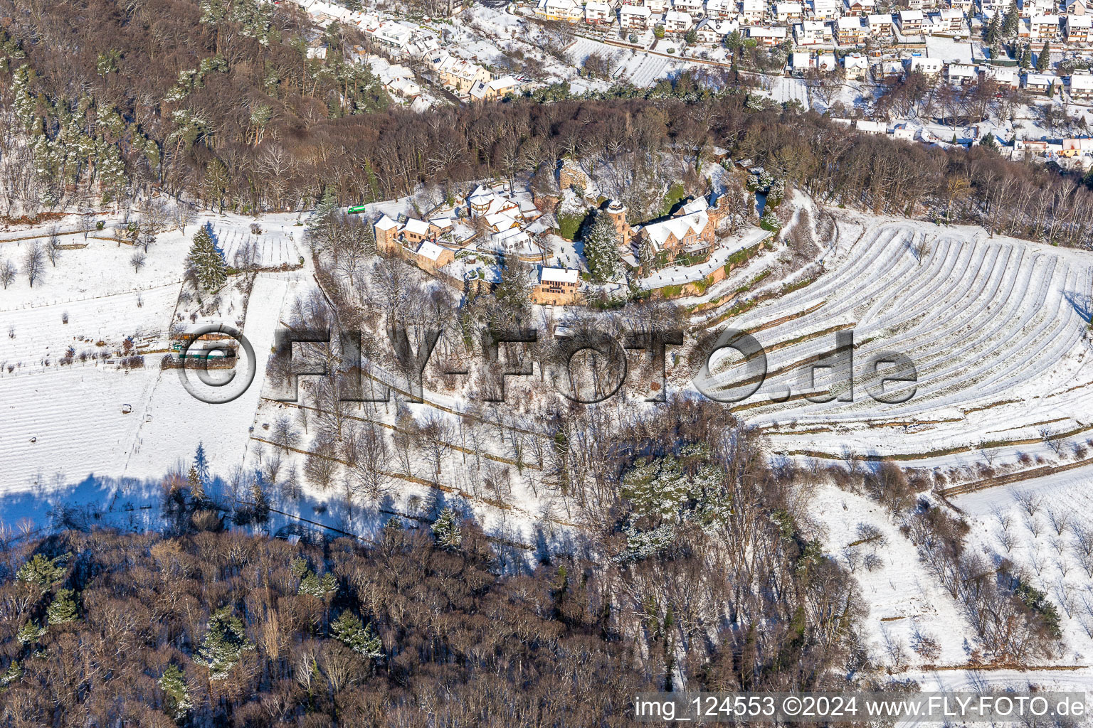 Aerial view of Winter aerial view in the snow of Kropsburg Castle in the district SaintMartin in Sankt Martin in the state Rhineland-Palatinate, Germany