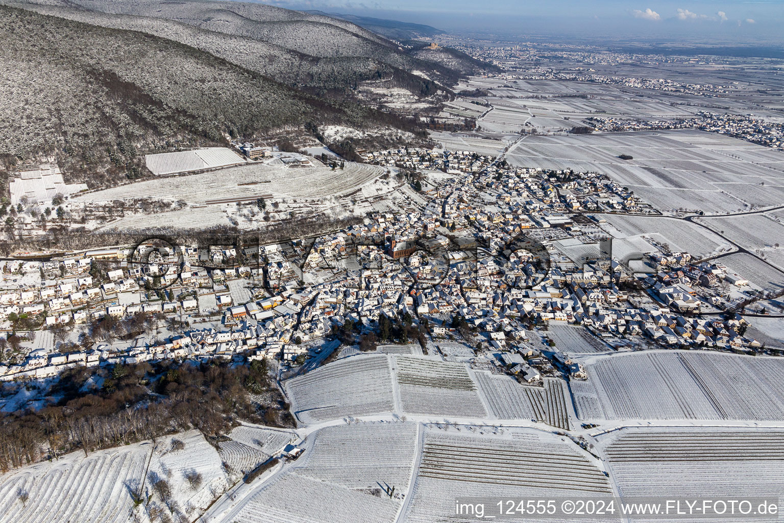 Wintry snowy village - view on the edge of agricultural fields and farmland in Sankt Martin in the state Rhineland-Palatinate, Germany