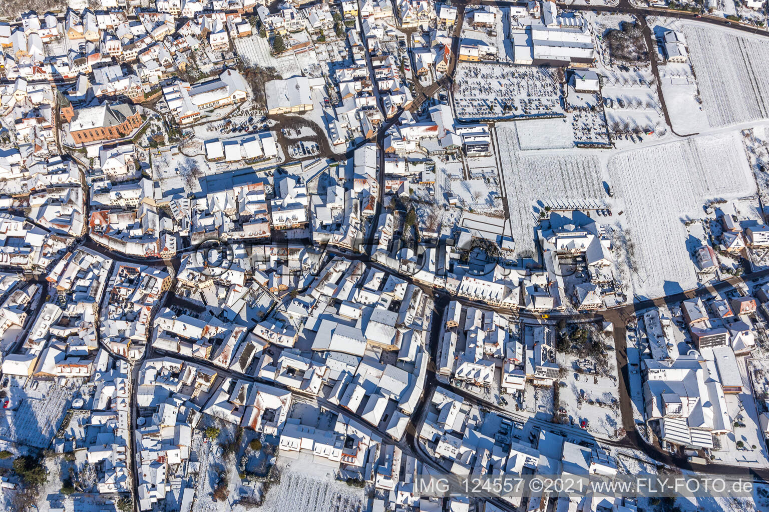 Winter aerial view in the snow in Sankt Martin in the state Rhineland-Palatinate, Germany
