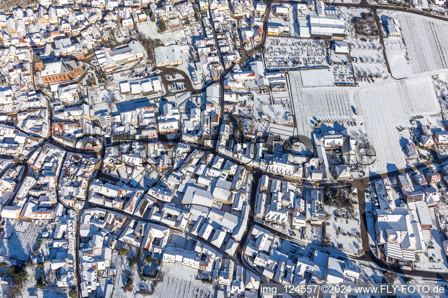 Winter aerial view in the snow in the district SaintMartin in Sankt Martin in the state Rhineland-Palatinate, Germany