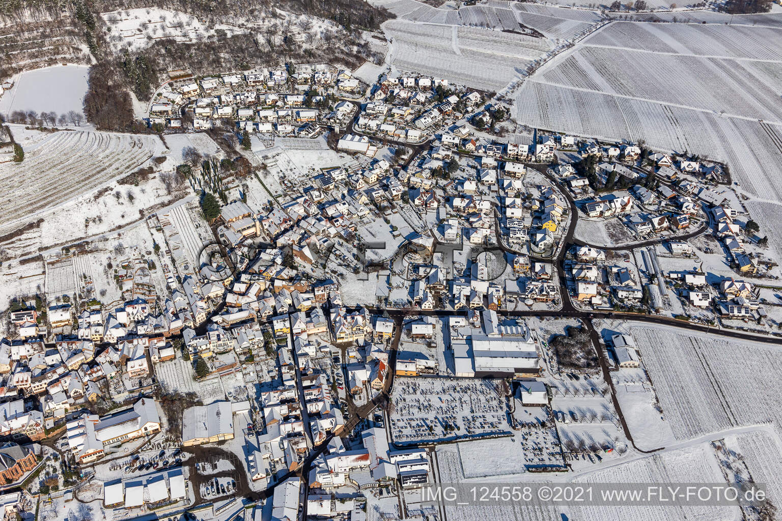 Aerial view of Winter aerial view in the snow in Sankt Martin in the state Rhineland-Palatinate, Germany