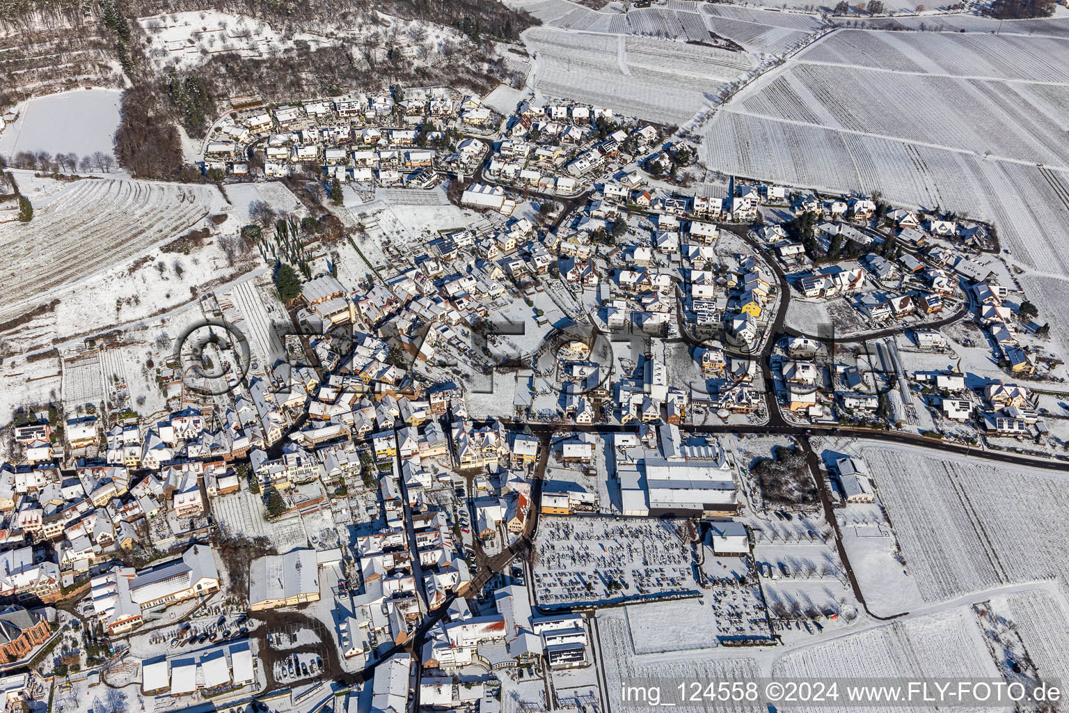 Aerial view of Winter aerial view in the snow in the district SaintMartin in Sankt Martin in the state Rhineland-Palatinate, Germany