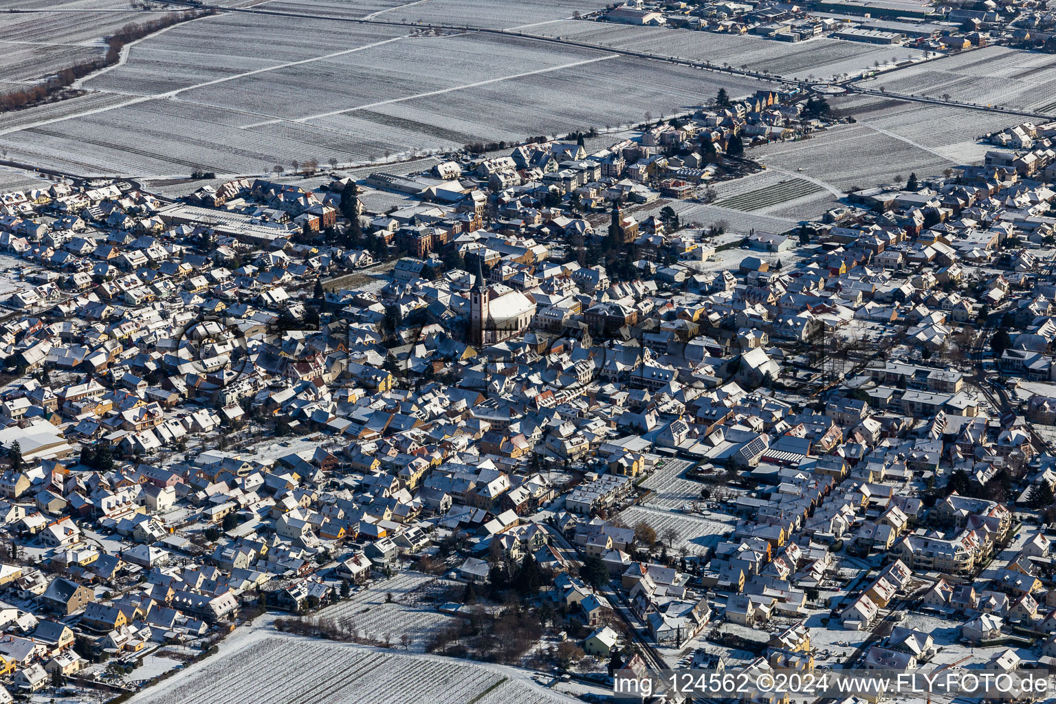 Aerial view of Winter aerial view in the snow in the district Alsterweiler in Maikammer in the state Rhineland-Palatinate, Germany