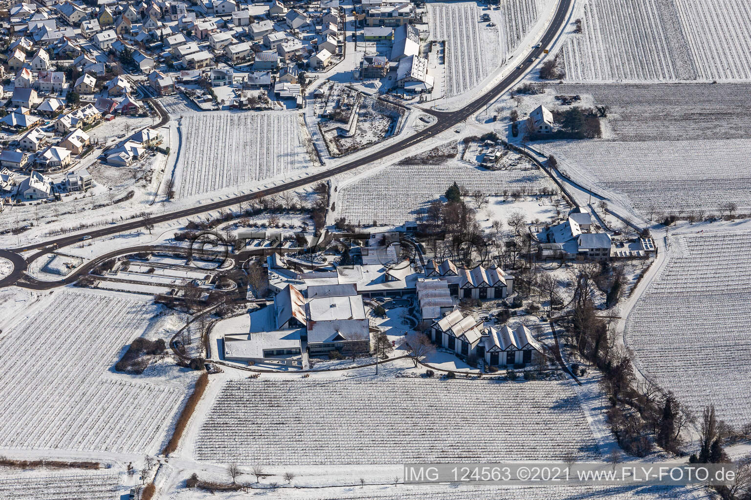 Winter aerial view in the snow of the BG RCI in Maikammer in the state Rhineland-Palatinate, Germany