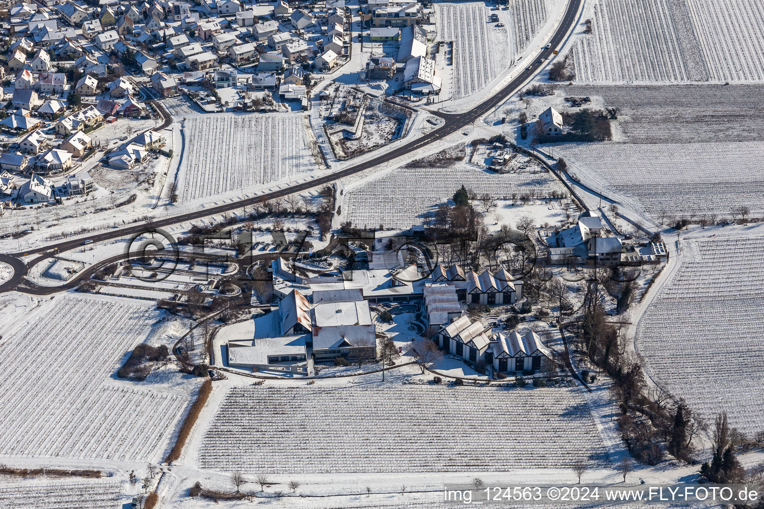 Winter aerial view in the snow of the BG RCI in Maikammer in the state Rhineland-Palatinate, Germany