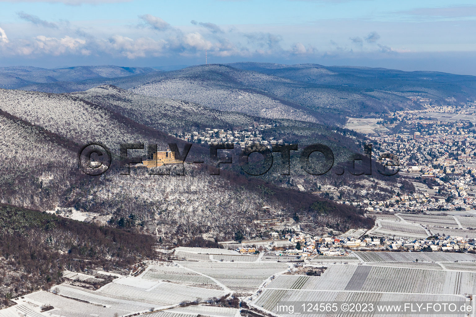Winter aerial view in the snow of Hambach Castle in the district Diedesfeld in Neustadt an der Weinstraße in the state Rhineland-Palatinate, Germany