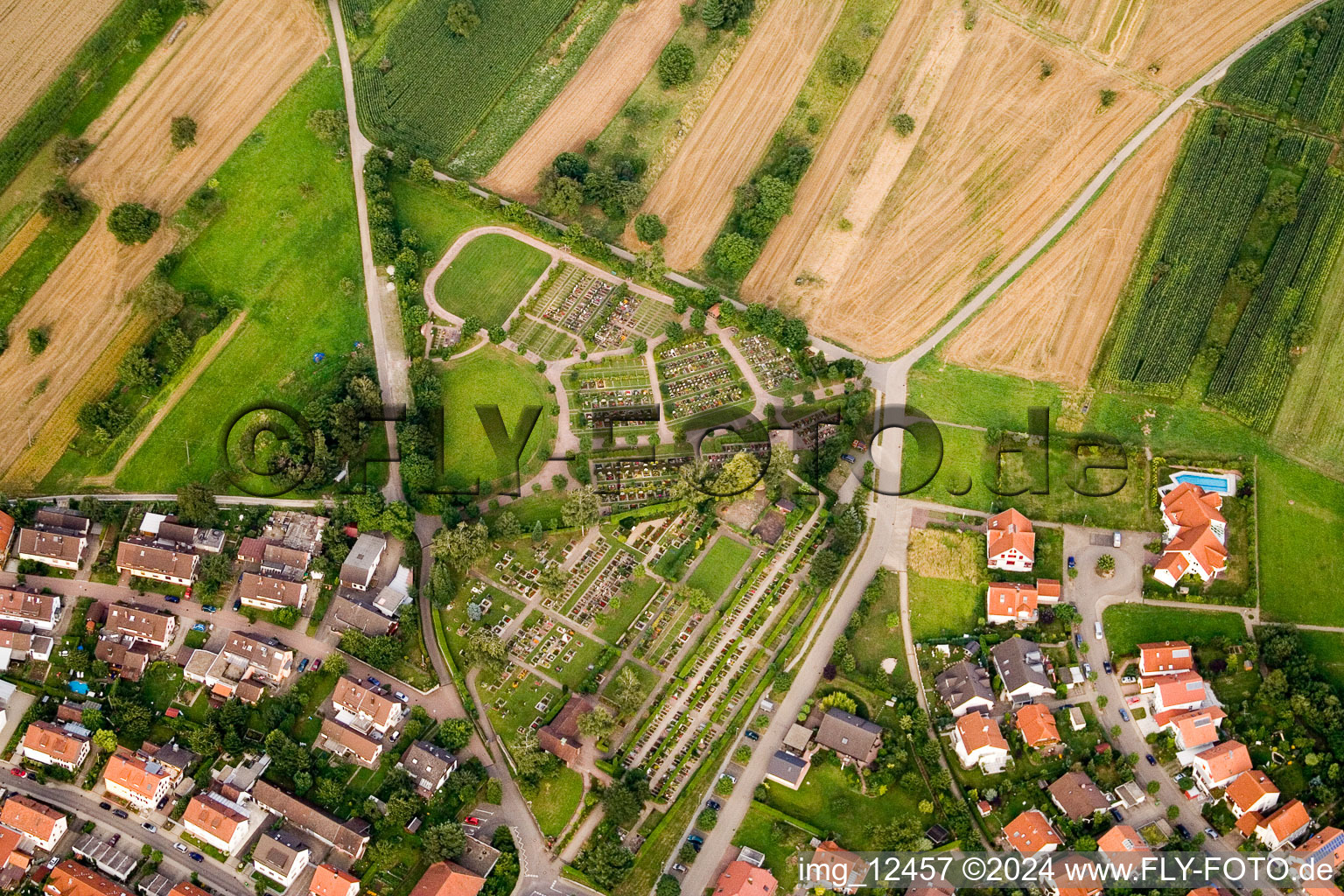 Aerial view of Cemetery in the district Langensteinbach in Karlsbad in the state Baden-Wuerttemberg, Germany