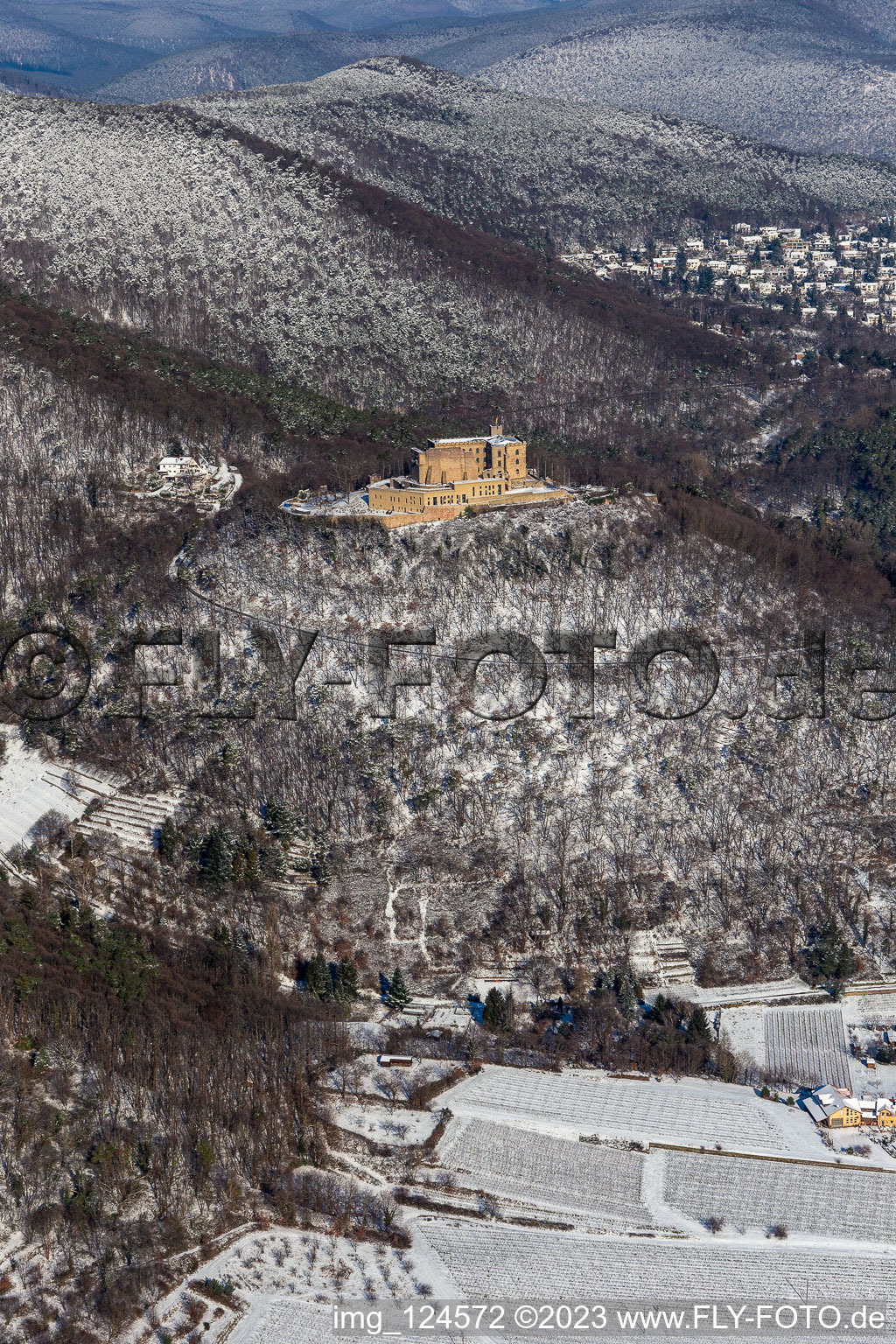 Aerial view of Winter aerial view in the snow of Hambach Castle in the district Diedesfeld in Neustadt an der Weinstraße in the state Rhineland-Palatinate, Germany