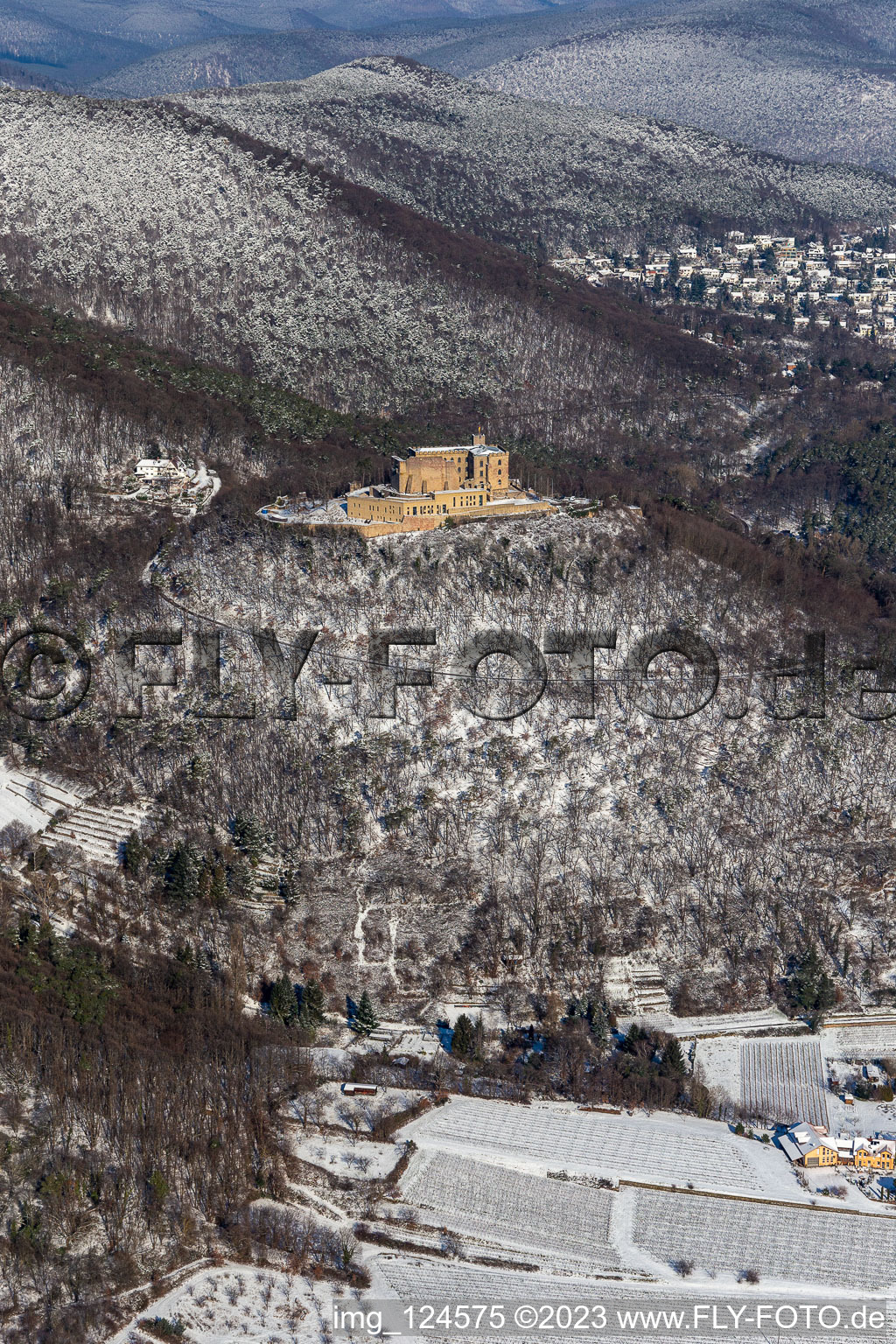 Aerial view of Winter aerial view in the snow of Hambach Castle in the district Diedesfeld in Neustadt an der Weinstraße in the state Rhineland-Palatinate, Germany