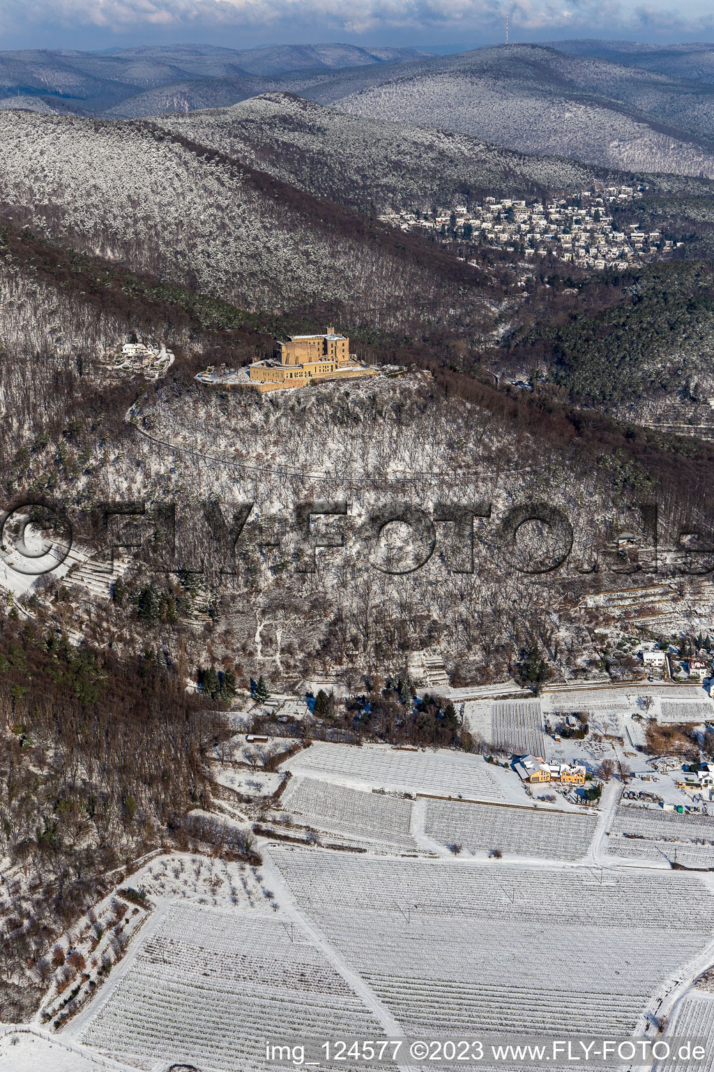 Aerial view of Winter aerial view in the snow of Hambach Castle in the district Diedesfeld in Neustadt an der Weinstraße in the state Rhineland-Palatinate, Germany