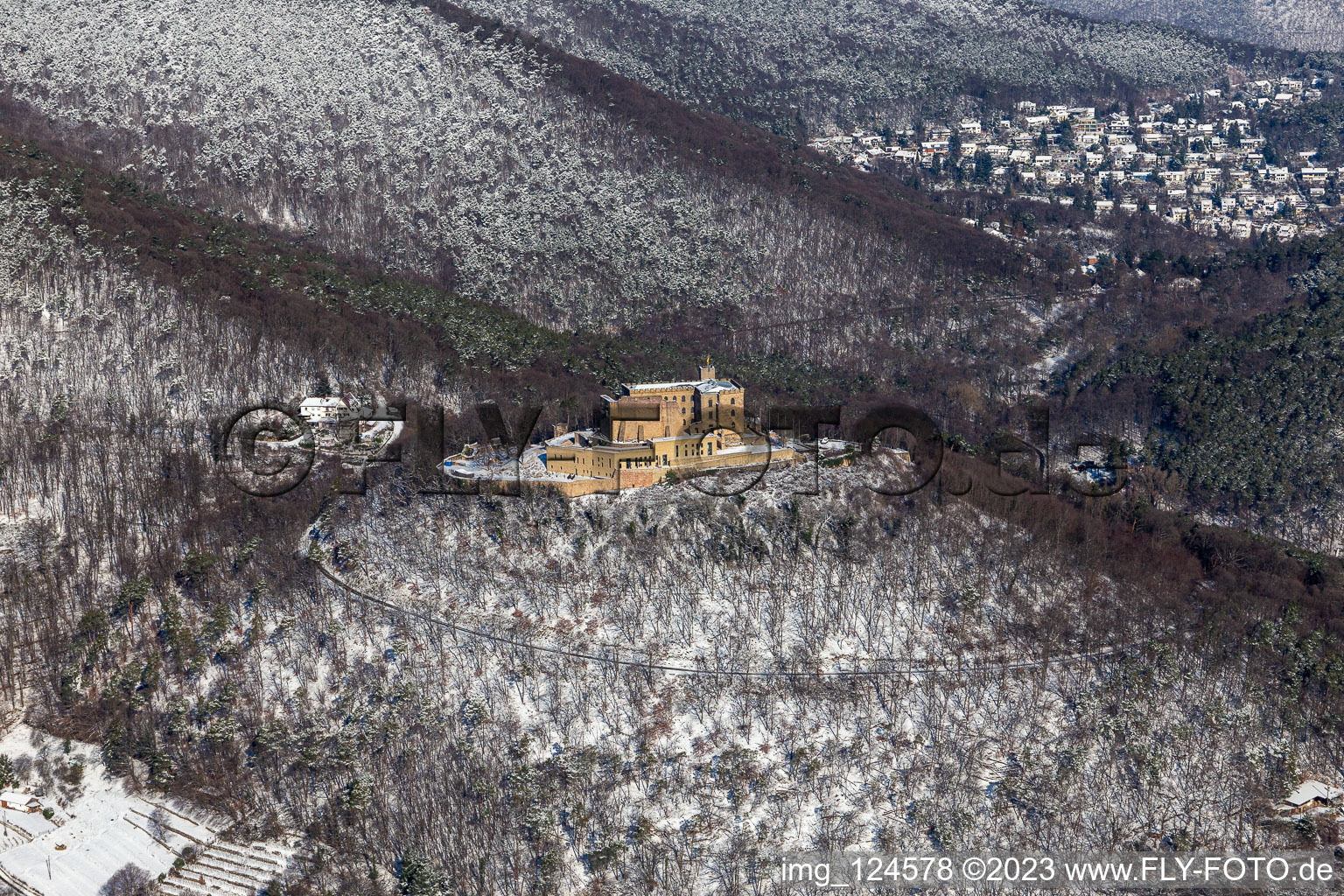 Aerial view of Winter aerial view in the snow of Hambach Castle in the district Diedesfeld in Neustadt an der Weinstraße in the state Rhineland-Palatinate, Germany