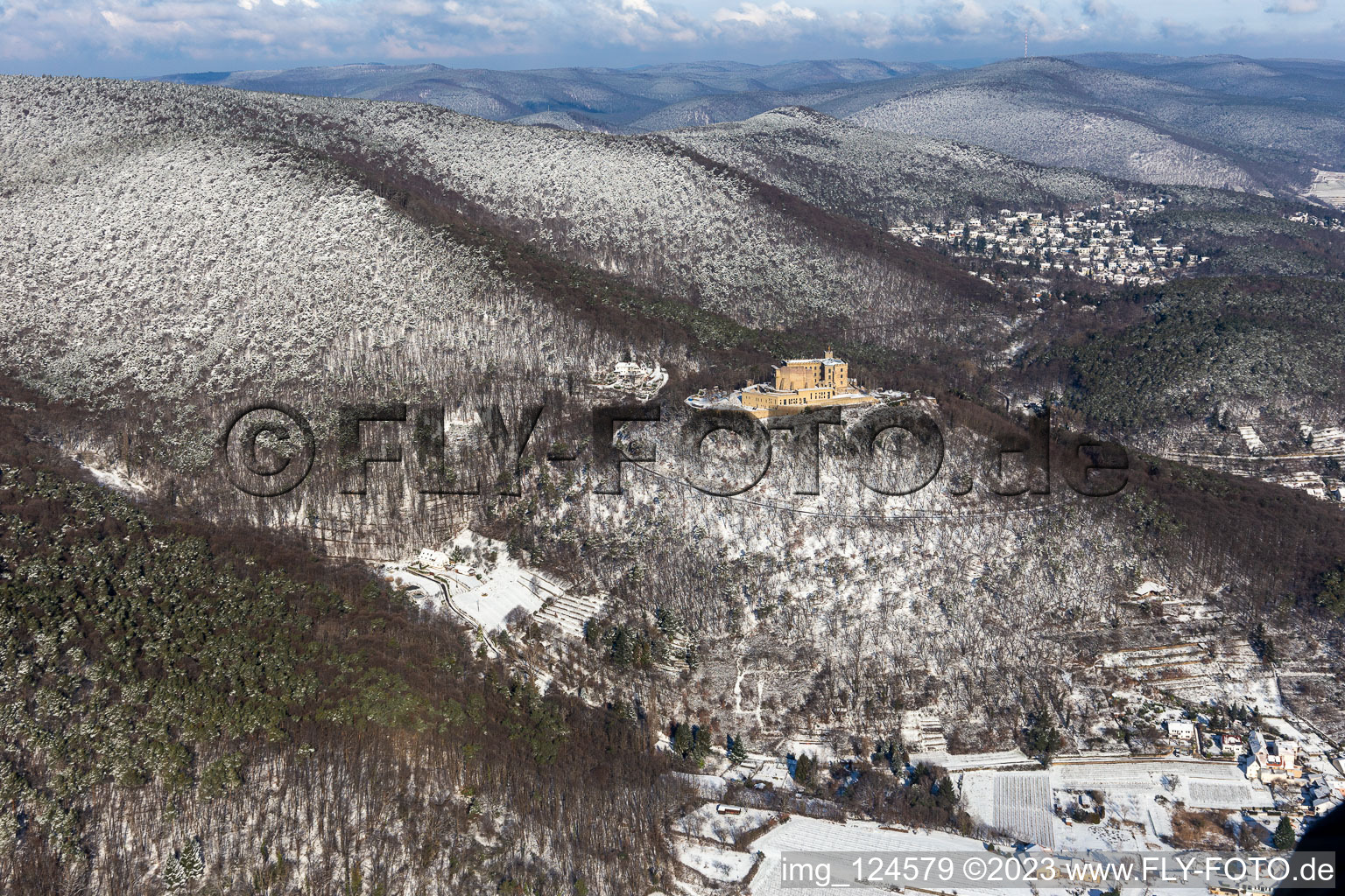 Aerial view of Winter aerial view in the snow of Hambach Castle in the district Diedesfeld in Neustadt an der Weinstraße in the state Rhineland-Palatinate, Germany