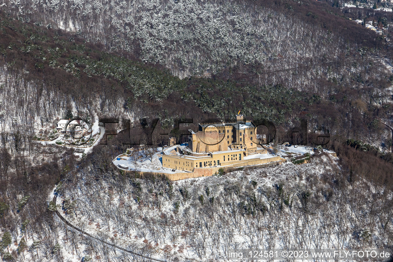 Aerial view of Winter aerial view in the snow of Hambach Castle in the district Diedesfeld in Neustadt an der Weinstraße in the state Rhineland-Palatinate, Germany