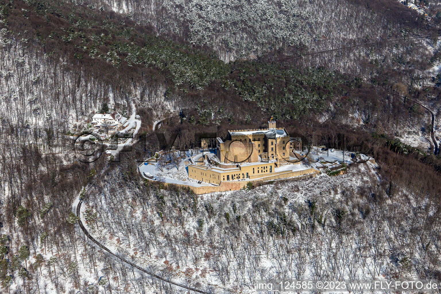 Aerial view of Winter aerial view in the snow of Hambach Castle in the district Diedesfeld in Neustadt an der Weinstraße in the state Rhineland-Palatinate, Germany