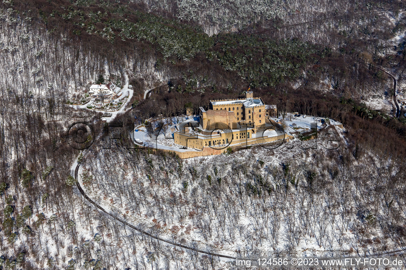 Aerial view of Winter aerial view in the snow of Hambach Castle in the district Diedesfeld in Neustadt an der Weinstraße in the state Rhineland-Palatinate, Germany