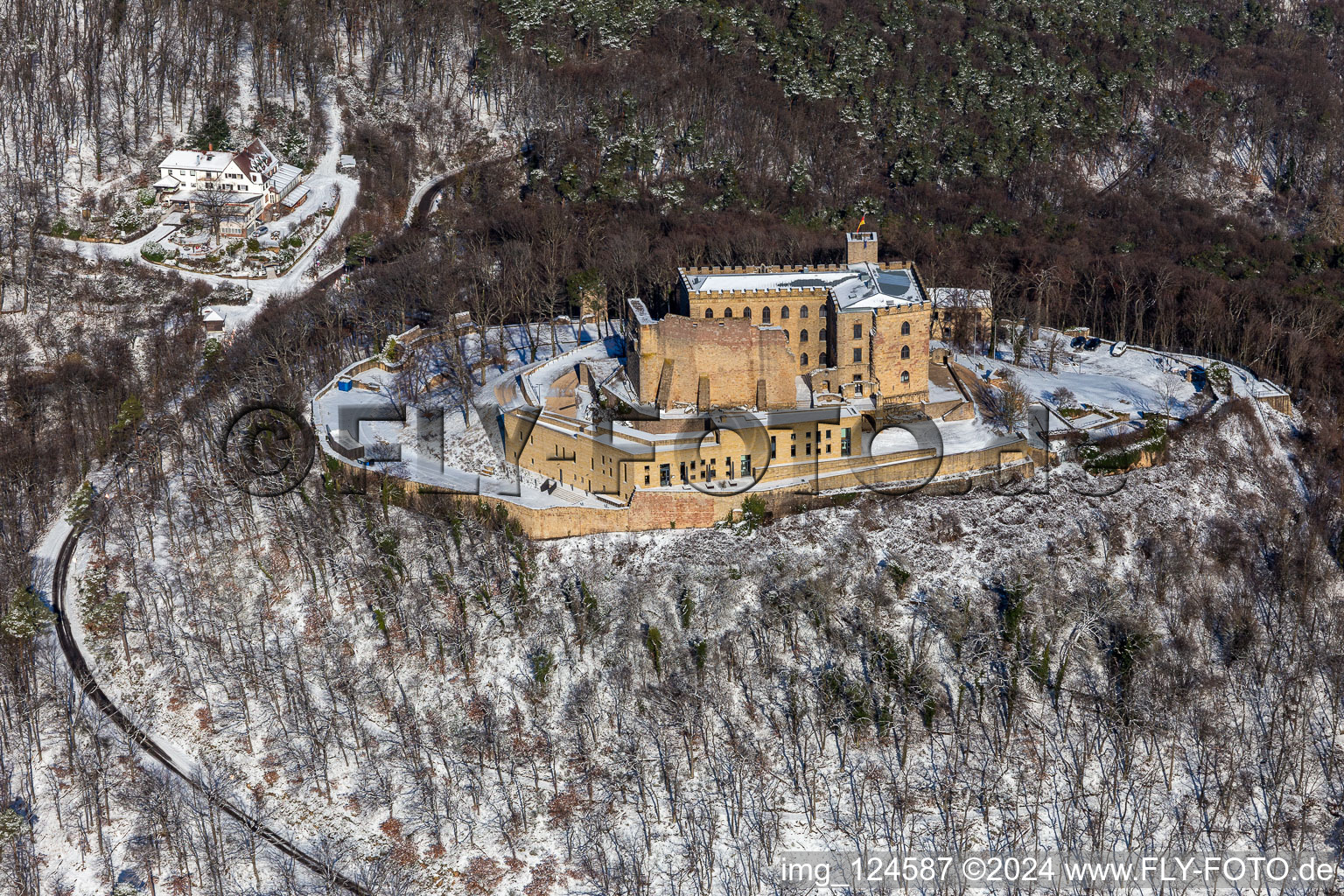 Aerial view of Wintry snowy castle of " Hambacher Schloss " in Neustadt an der Weinstrasse in the state Rhineland-Palatinate, Germany