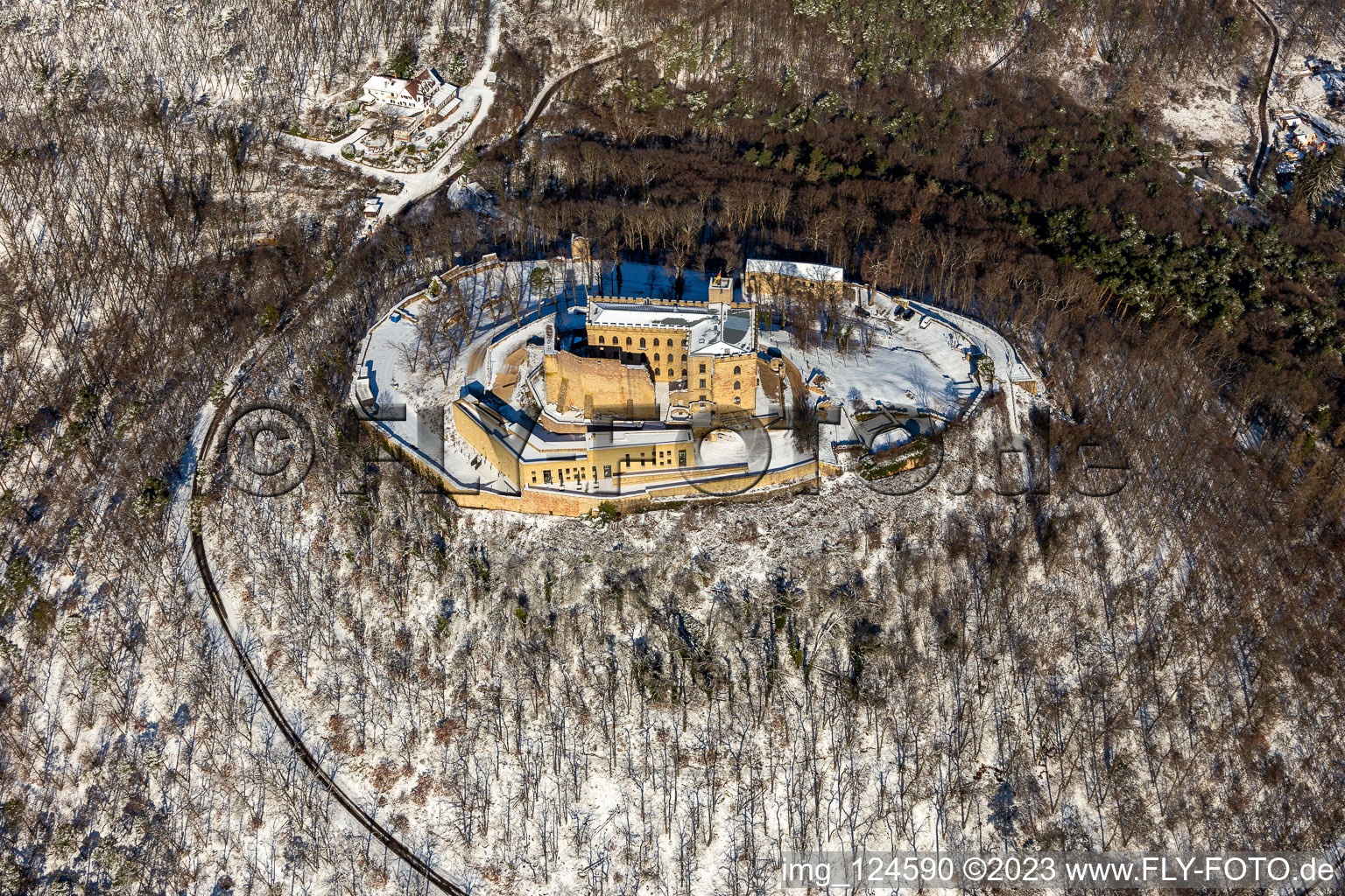 Aerial photograpy of Wintry snowy castle of " Hambacher Schloss " in Neustadt an der Weinstrasse in the state Rhineland-Palatinate, Germany